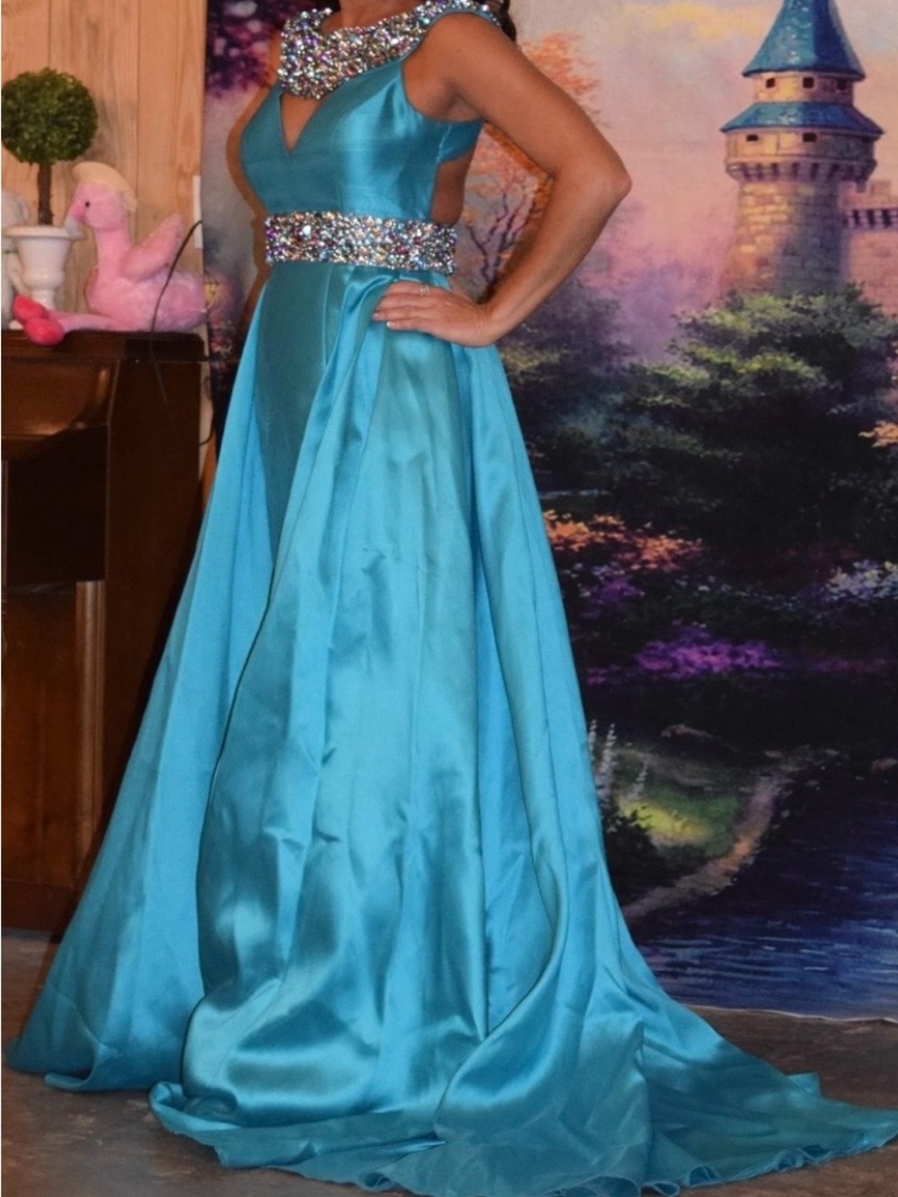 Elegant Turquoise Satin A-Line Evening Dress with Beaded Waist